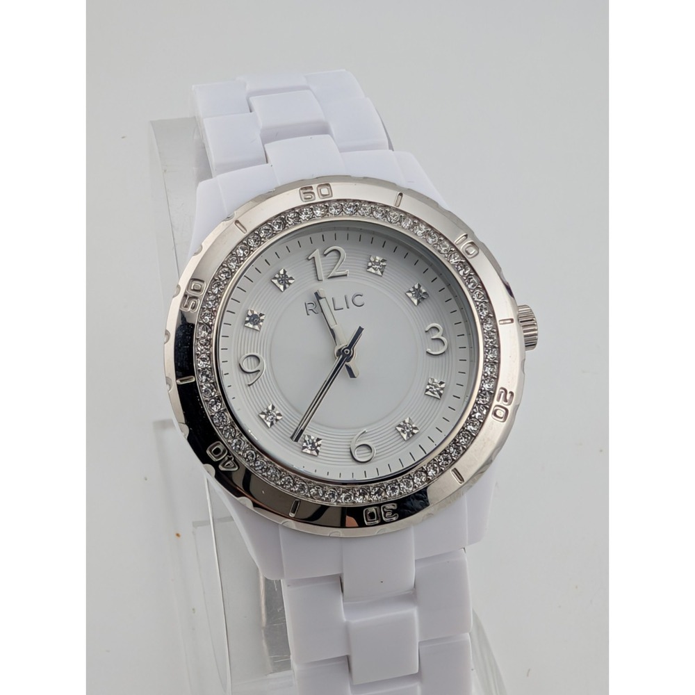 Relic Women's White 34mm Watch Stainless Steel Crystal Bezel New Battery 7.25"